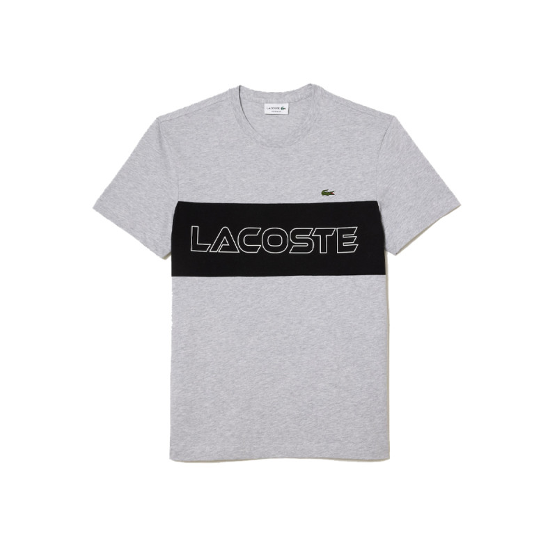 T-shirt color-block blanc avec bande bande et imprimé Lacoste chez DMS
